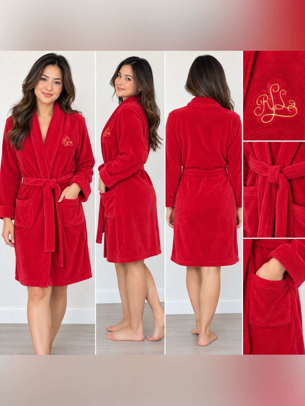 Ralph Lauren Red Plush Shawl-Collar Robe with Gold Monogram